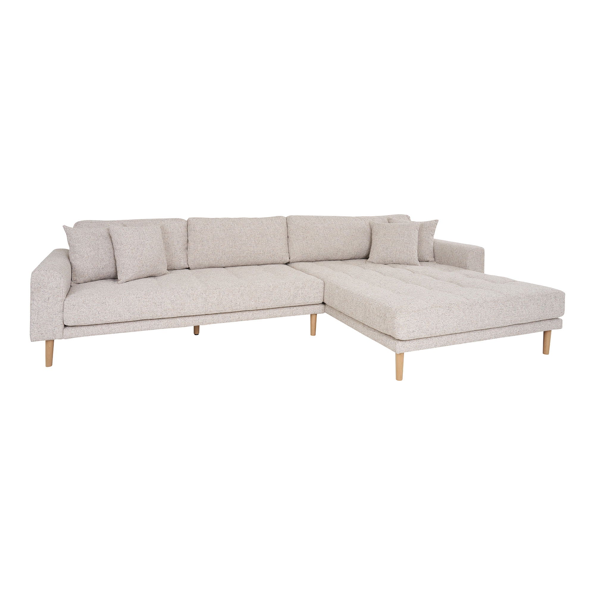 Lido Lounge Sofa - Lounge Sofa, right facing in beige heathered with four pillows and natural wood legs, HN1015